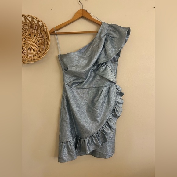 Topshop Dress One shoulder Ruffle Sz 8 Shine Party Cocktail Hoco Homecoming - Picture 3 of 8